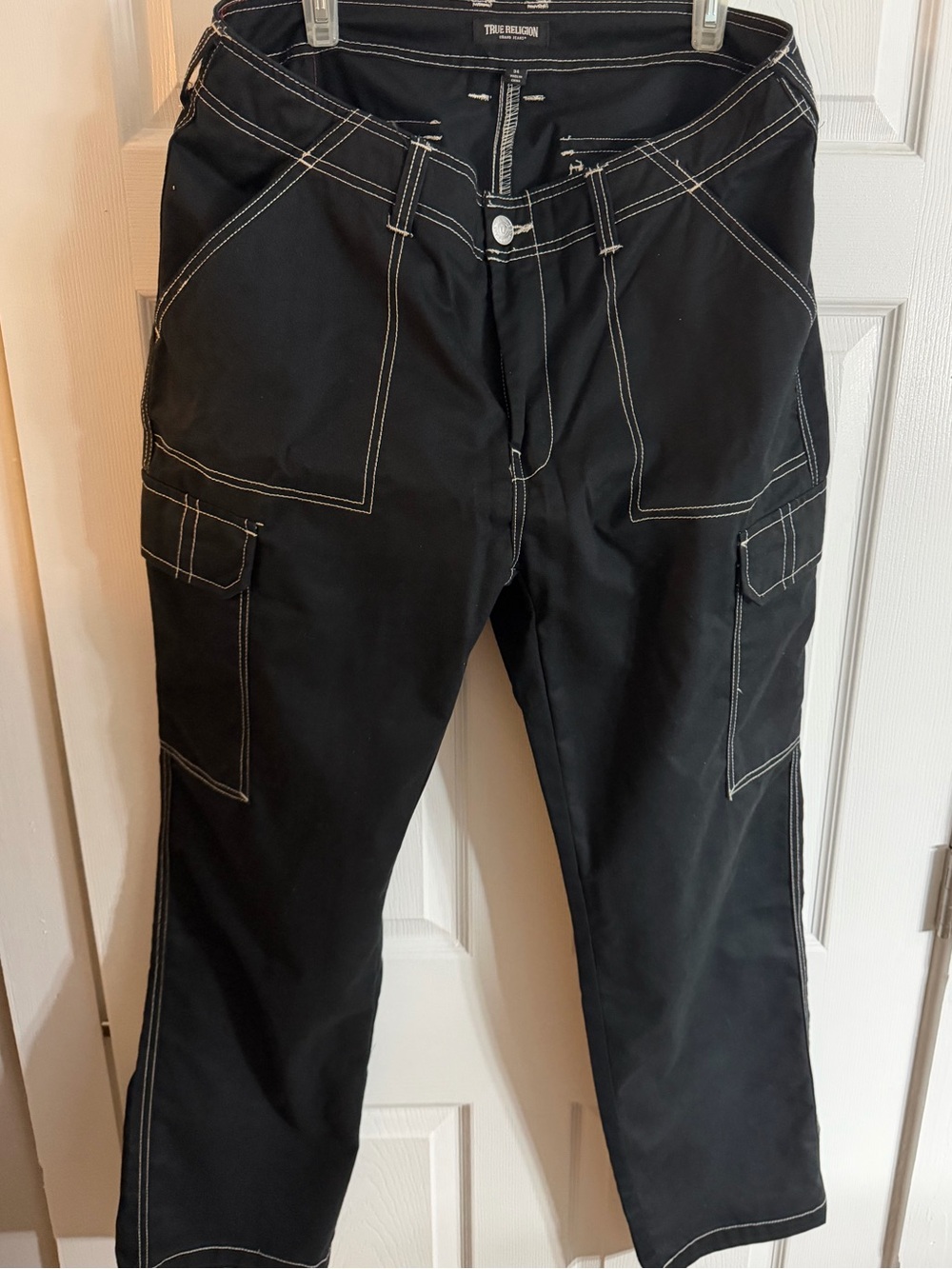 True Religion Black Cargo Pants with White Contrast Stitching